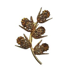 Gold Plated Flower Vine Brooch Unsigned Yellow Rhinestones Filigree Enclosed